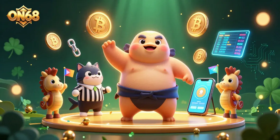 Experience ON68's vibrant gambling world with a blowfish in a sumo arena surrounded by crypto elements.