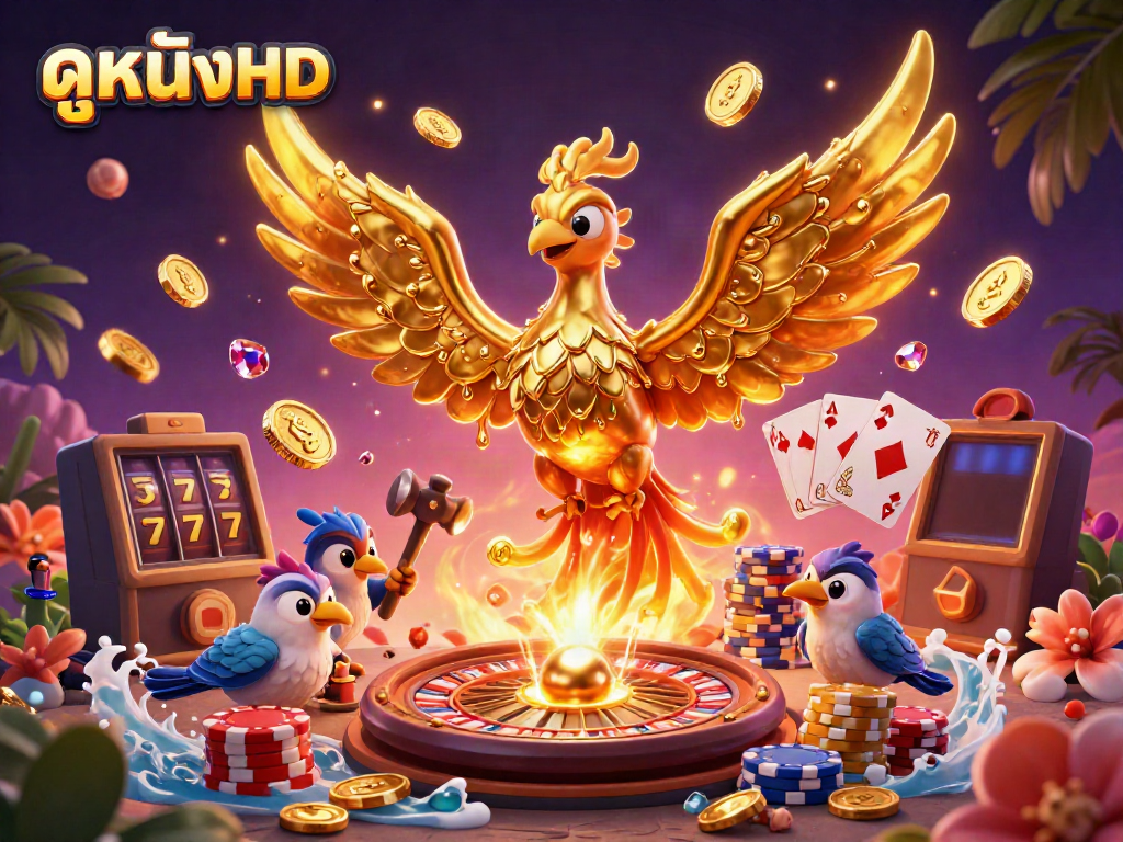 Engage with ดูหนังHD as a stunning golden phoenix evolves from molten metal, surrounded by casino excitement.