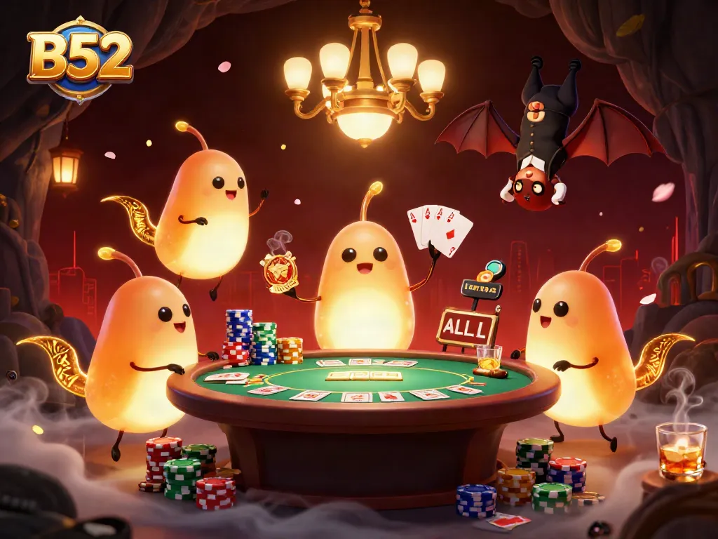 Experience thrilling B52 casino action as glowworms illuminate a poker game with vibrant details.