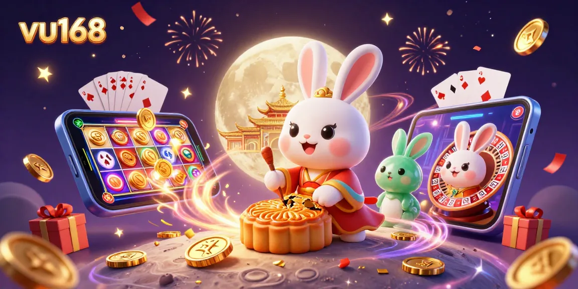 Experience the excitement of vu168 with a colorful 3D casino scene featuring lunar characters and gaming elements.