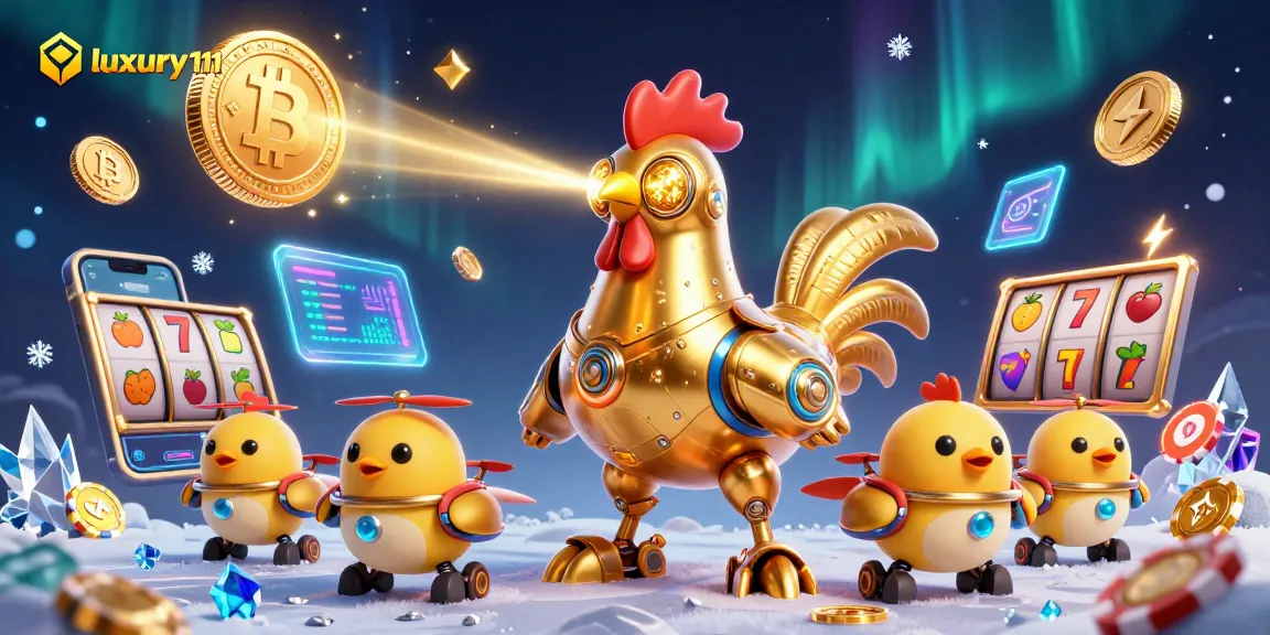 Engage in exciting action with luxury111 casino elements, featuring a golden rooster robot and baby chick drones