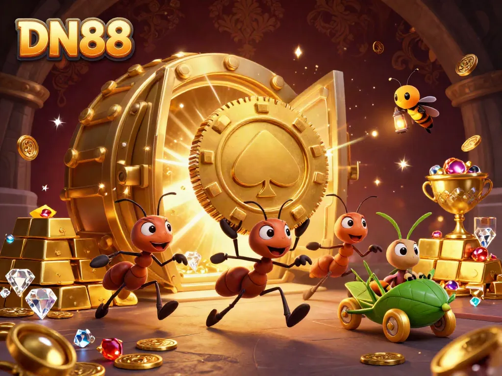 Experience a thrilling heist with DN88's dynamic ant crew, showcasing a golden poker chip amidst treasure.