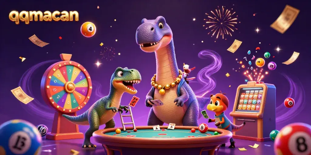 Experience the thrill of qqmacan with a lively 3D casino scene featuring vibrant game elements.