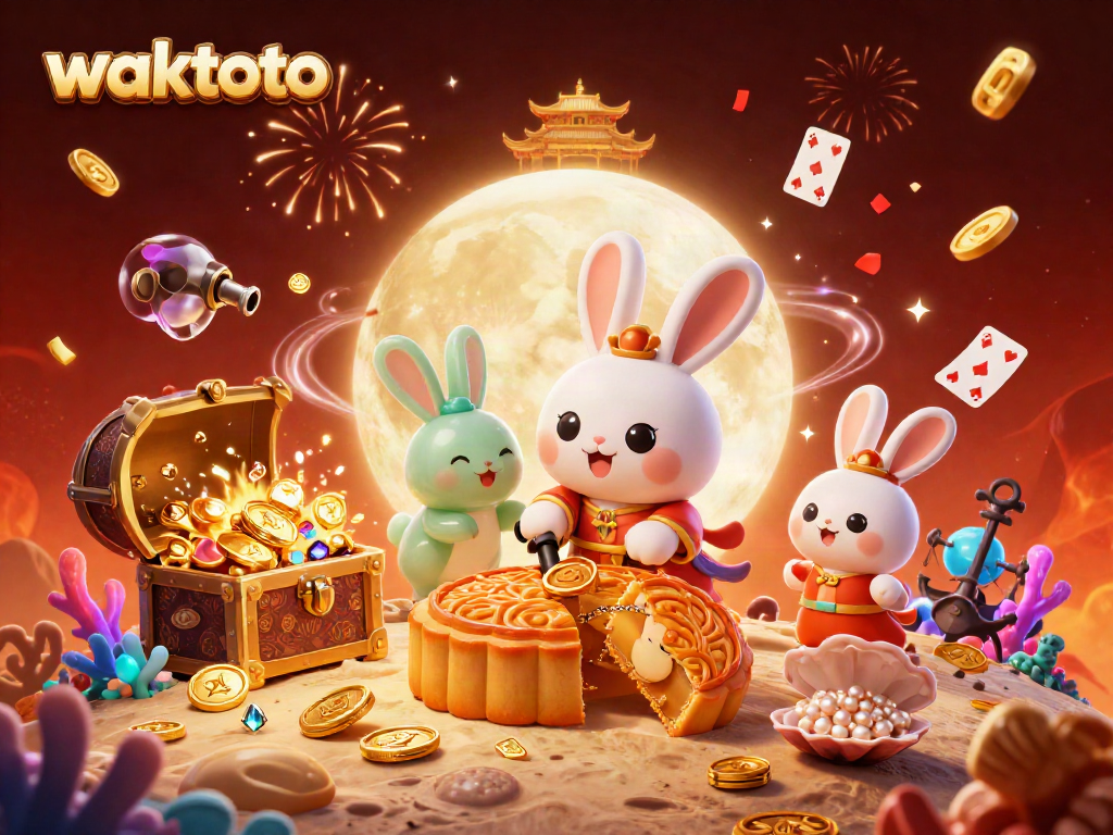 Waktoto menghadirkan pengalaman judi menarik dengan ilustrasi ceria dari kelinci bulan yang memukul kue bulan berisi chip poker.