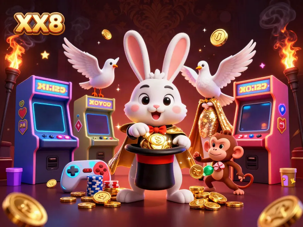 Experience the magic of XX8 with a 3D scene featuring a magician rabbit, colorful coins, and charming casino elements.
