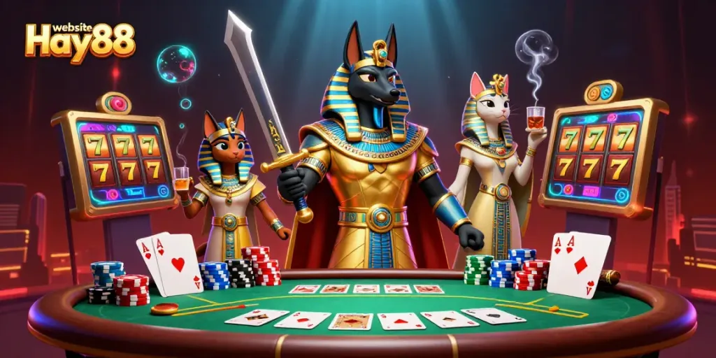 Experience thrilling action with the website Hay88 in this vibrant casino scene featuring gaming elements.