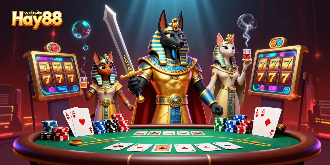 Experience thrilling action with the website Hay88 in this vibrant casino scene featuring gaming elements.