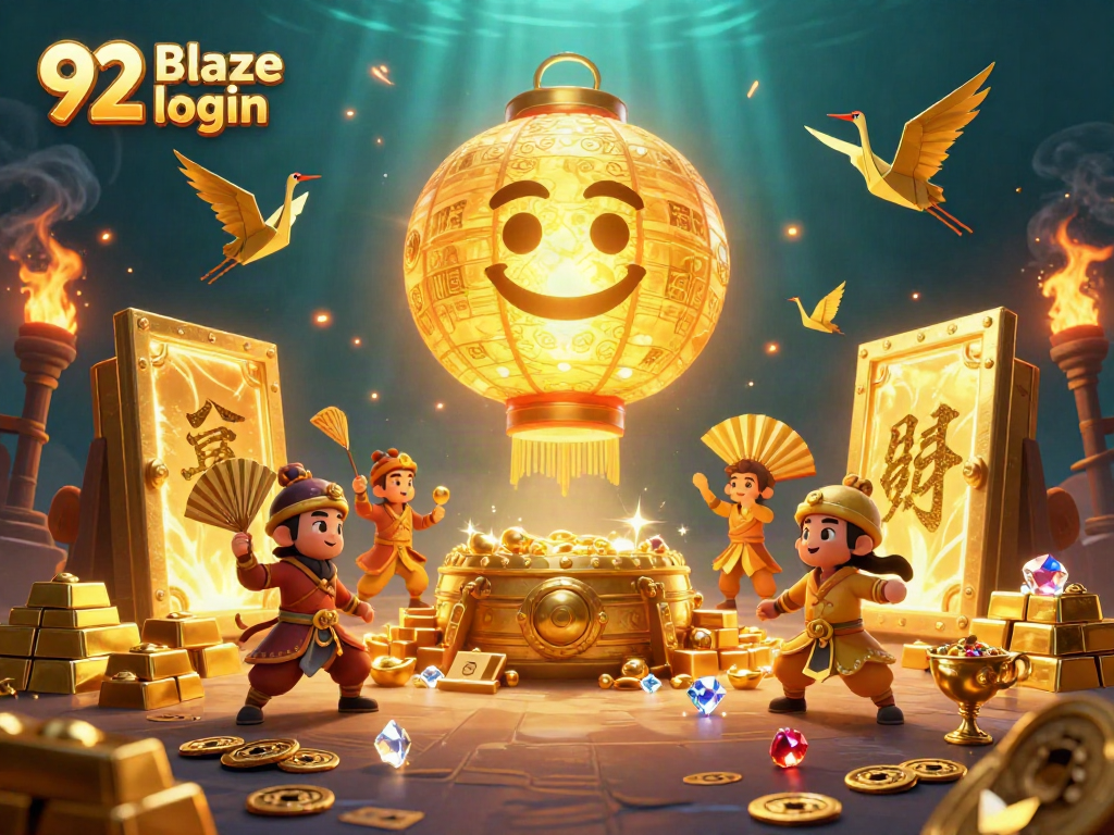 Engage with the 92 Blaze login experience featuring vibrant characters and riches in a dynamic casino illustration.