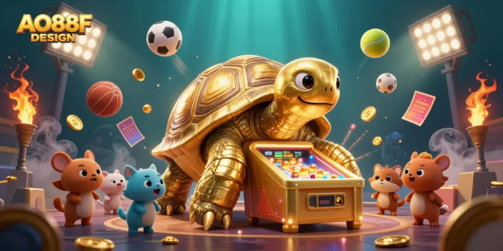Engage with AO88F DESIGN, featuring a golden tortoise pinball machine amidst dynamic sports elements in a vibrant casino scene.