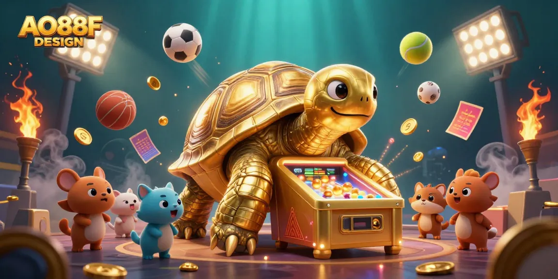 Engage with AO88F DESIGN, featuring a golden tortoise pinball machine amidst dynamic sports elements in a vibrant casino scene.