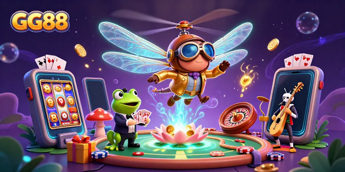 Engage in exciting games at GG88 Casino with a lively dragonfly pilot, frog croupier, and jazz musicians.