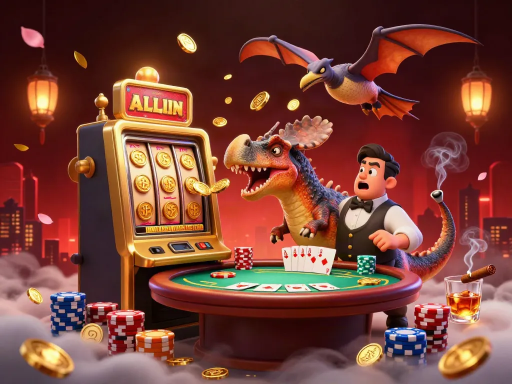Experience thrilling 98WIN moments with cartoon dinosaurs celebrating jackpot wins in a vibrant casino scene.