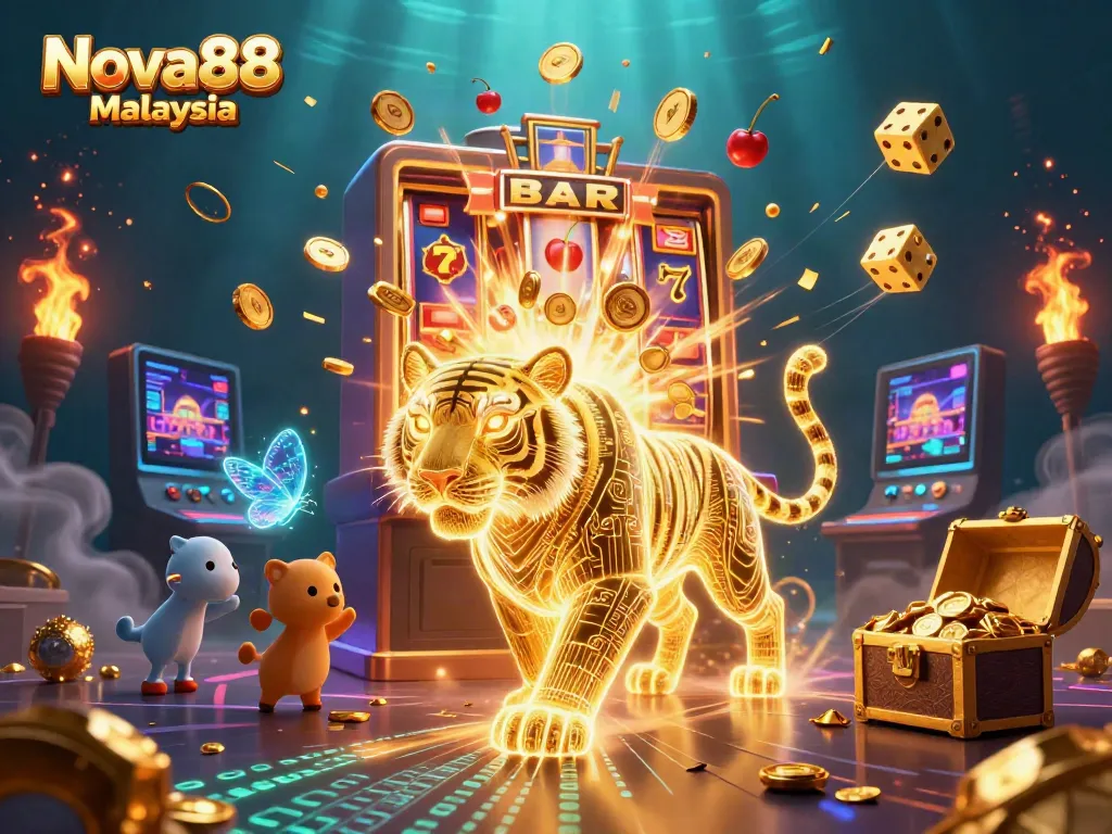 Nova88 Malaysia menampilkan harimau emas neon dan mesin slot menakjubkan di kasino dalam talian.