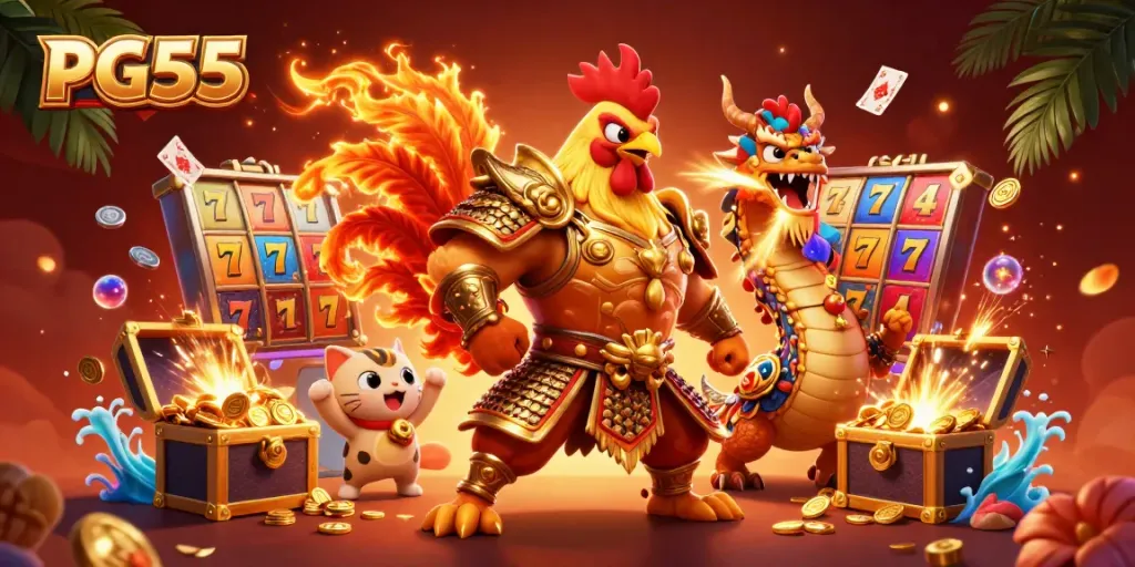 Witness thrilling gameplay with PG55 in an action-packed casino scene of warriors and treasure.