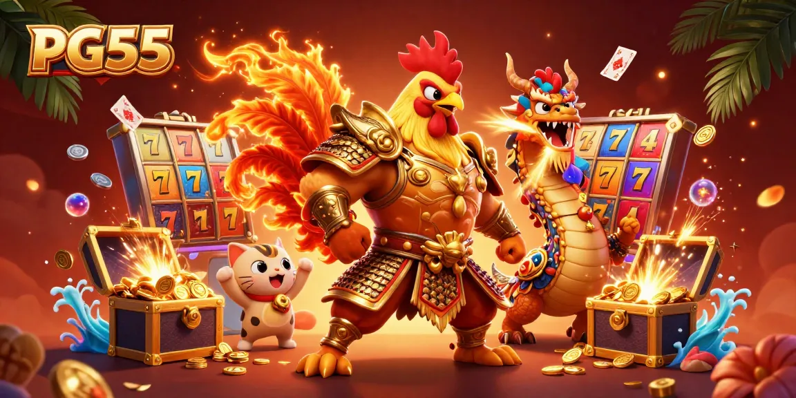 Witness thrilling gameplay with PG55 in an action-packed casino scene of warriors and treasure.