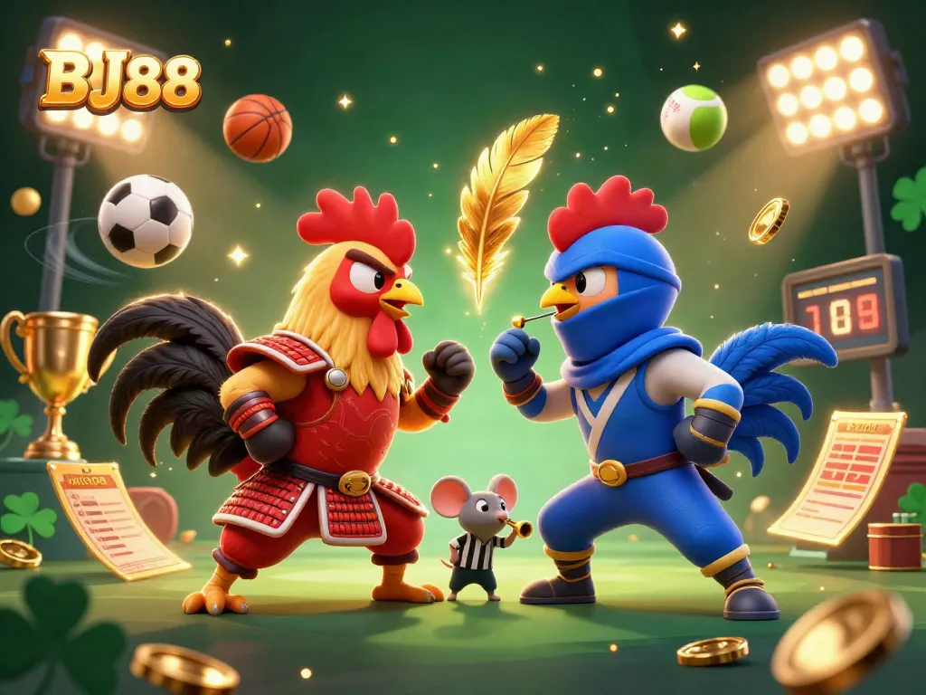 Experience the thrill of BJ88 with dynamic cockfighting action surrounded by sports betting elements and vibrant visuals.