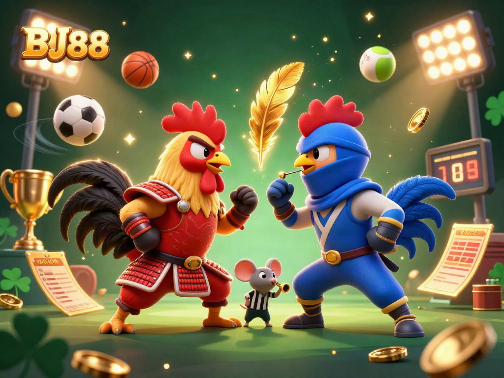 Experience the thrill of BJ88 with dynamic cockfighting action surrounded by sports betting elements and vibrant visuals.
