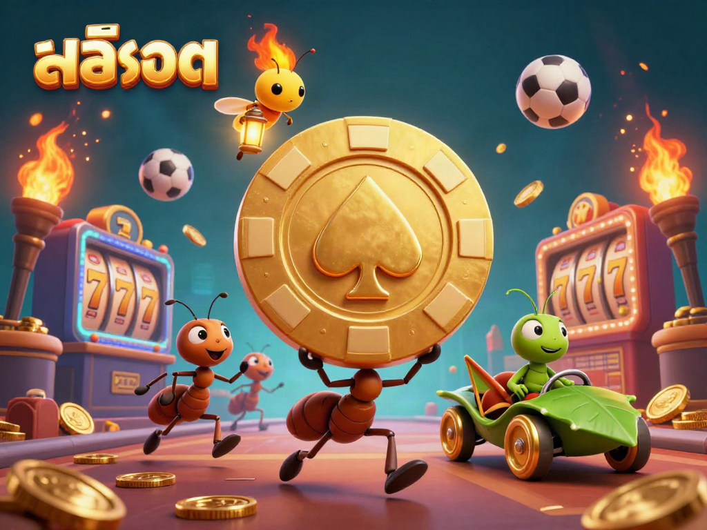 Capture the excitement of สล็อต with a heist featuring ants, a golden poker chip, and dynamic casino elements.