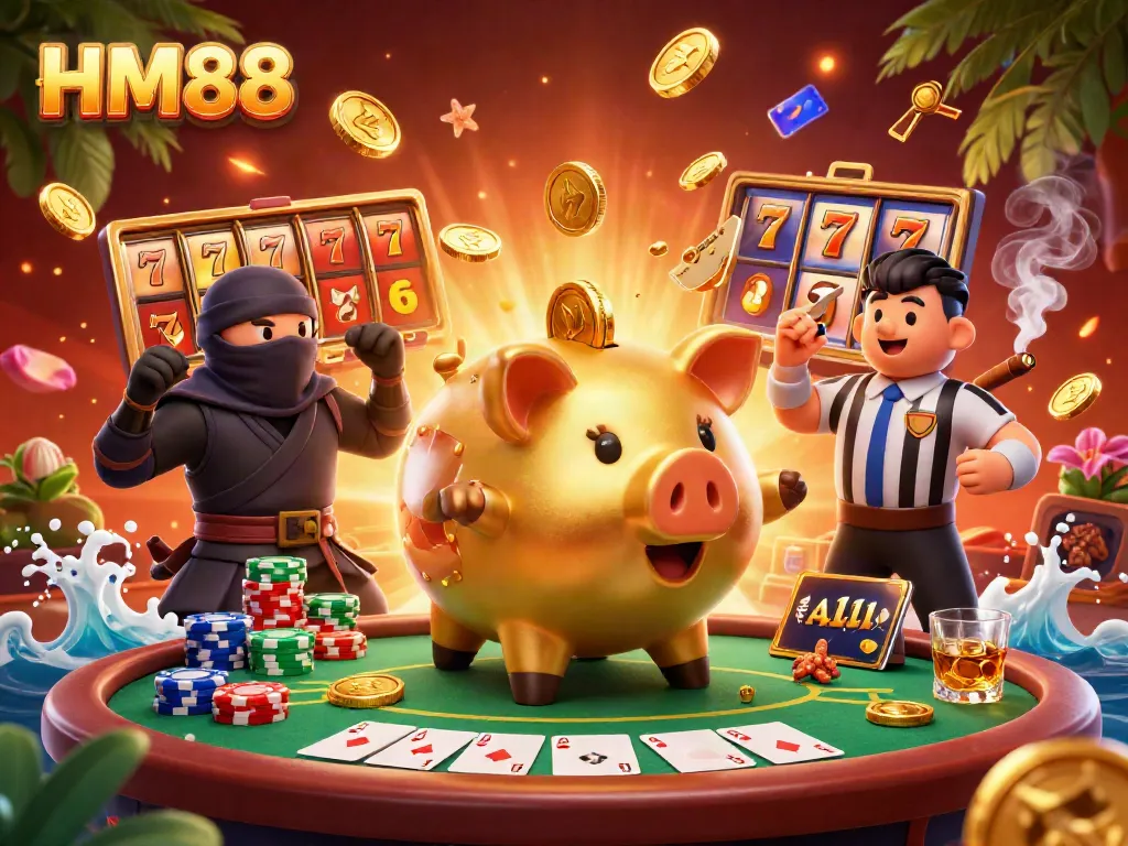 Experience thrilling gameplay at HM88 with a vibrant scene of a golden piggy bank sumo wrestler and a wallet ninja.