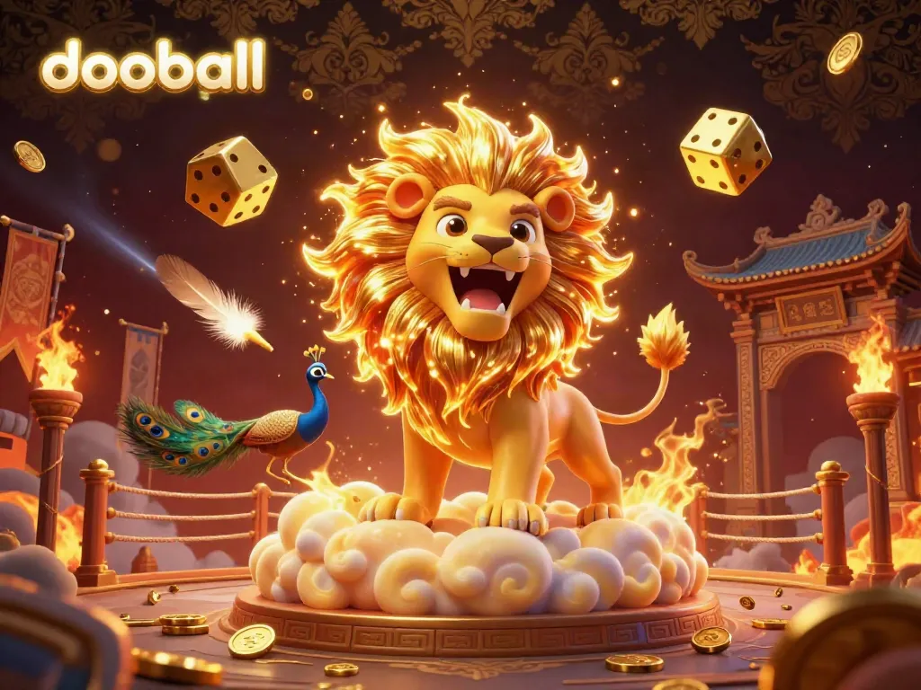 Watch dooball live with golden dice and a roaring lion in a dynamic 3D illustration.