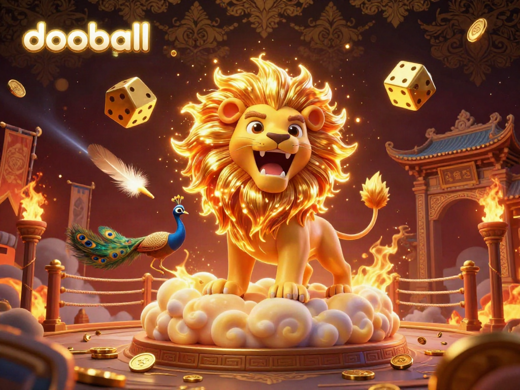 Watch dooball live with golden dice and a roaring lion in a dynamic 3D illustration.