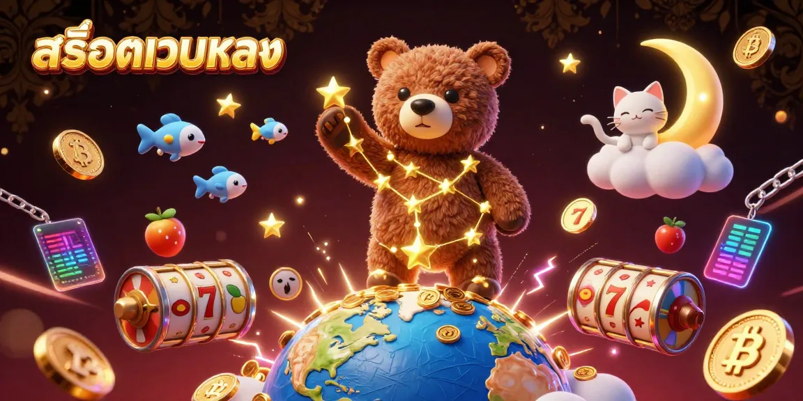ภาพการ์ตูน 3D ที่สื่อถึงสล็อตเว็บตรง พร้อมสัตว์ในจักรวาลและสัญลักษณ์เกมโชว์