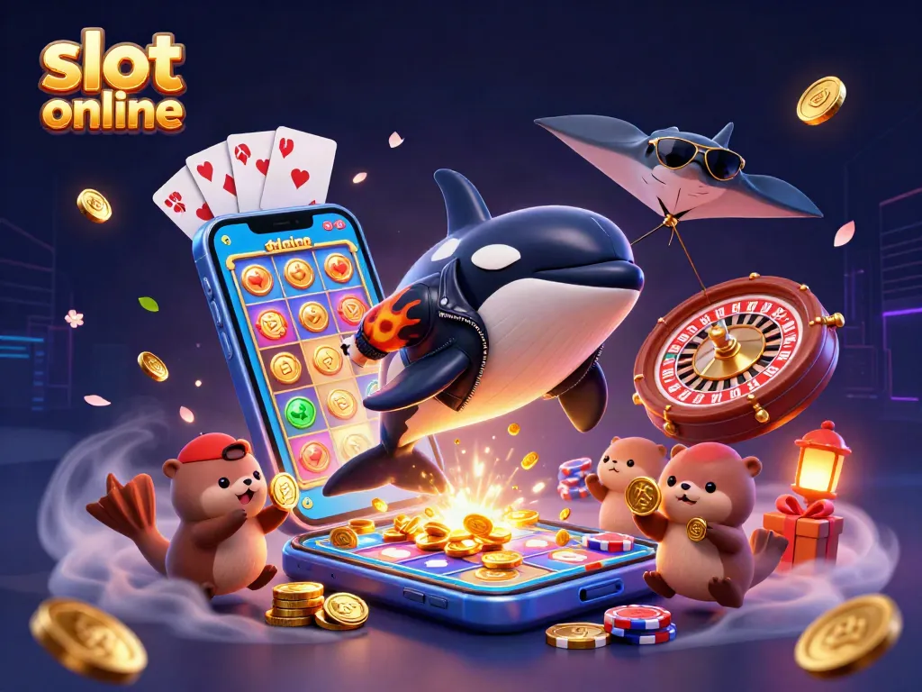Engage with slot online excitement as cartoon characters celebrate big wins surrounded by casino elements.