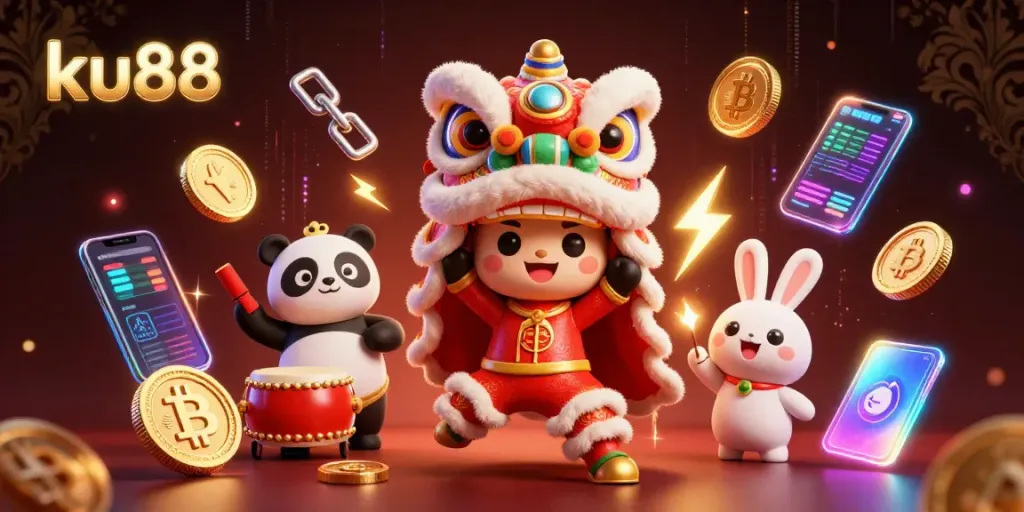 Experience the thrilling ku88 casino adventure with festive lion dancing and crypto elements.