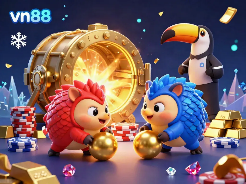 Experience the thrill of vn88 with a dynamic scene of pangolins engaging in a vibrant casino environment, bowling through poker chips.
