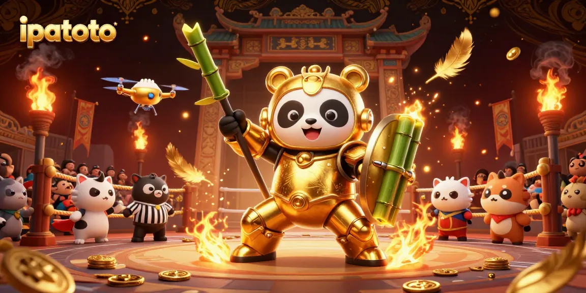 Experience thrilling action at ipatoto with a dazzling arena, as a golden panda pilot engages in a lively gambling contest.