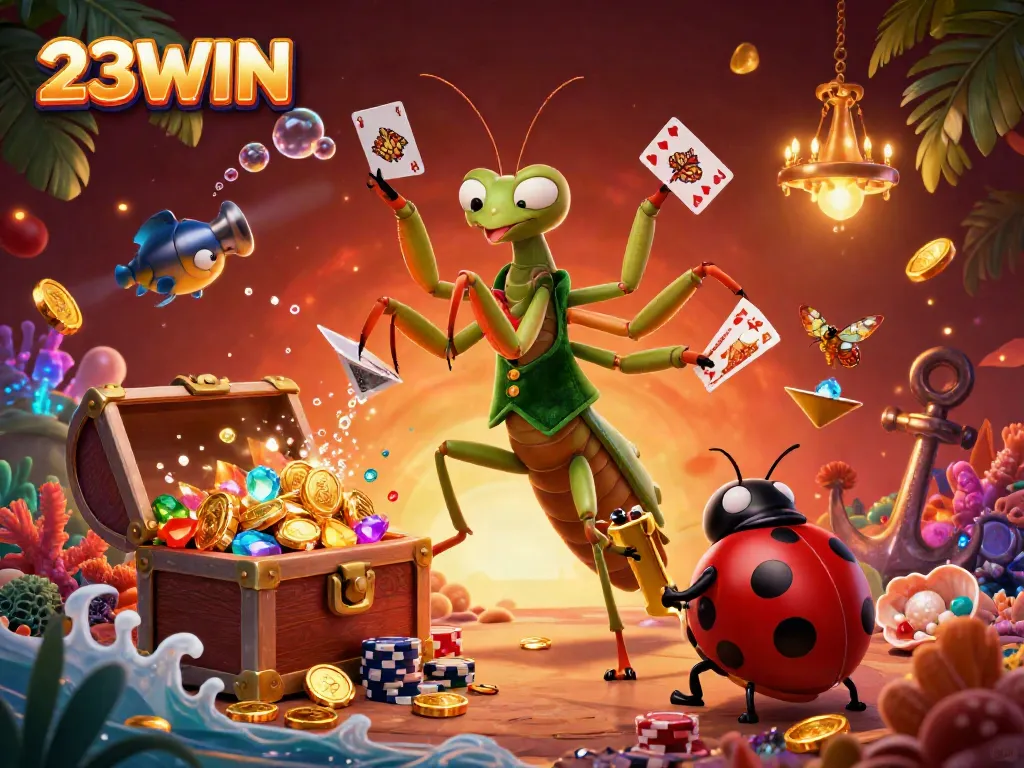 Experience the thrill of 23WIN with vibrant characters and immersive casino elements in this dynamic scene.