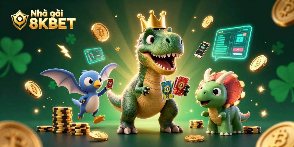 Engaging scene showing Nhà cái 8KBET represented by a T-Rex card shuffling at a casino, emphasizing fun gaming.