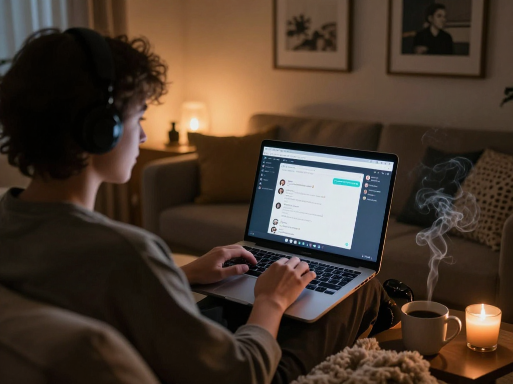AI chat porn interaction in a cozy setting with a laptop and inviting atmosphere