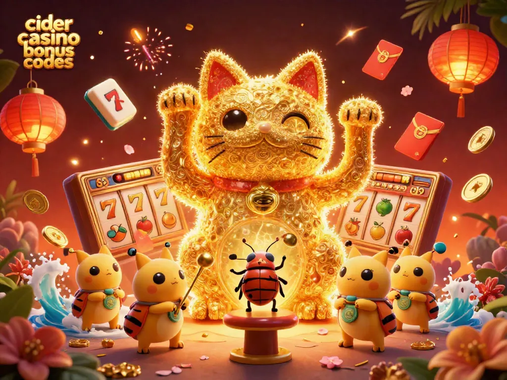 Cider casino bonus codes showcase a vibrant lucky cat made of golden fireflies, surrounded by slot reels and festive decorations.