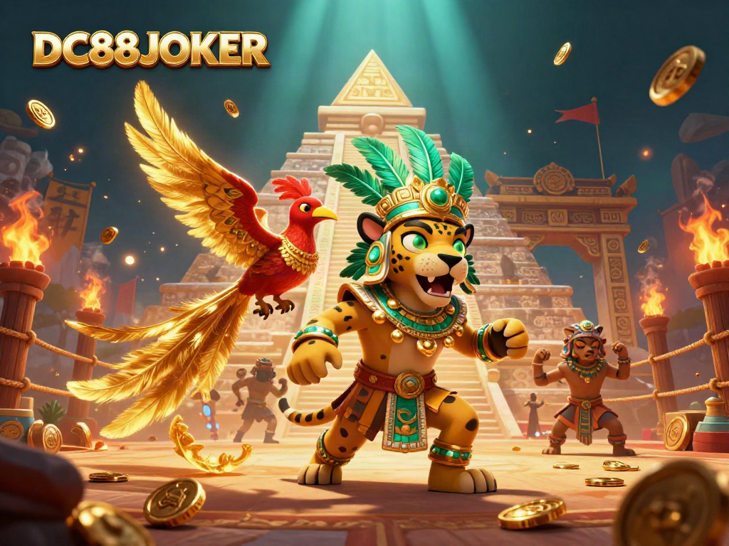Experience thrilling gameplay with DC88JOKER, featuring a Mayan priest and quetzal bird in a vibrant casino scene.