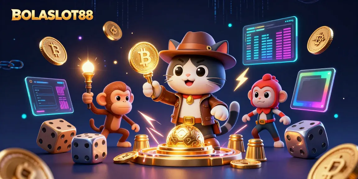 BOLASLOT88 showcases a lively scene where an archaeologist cat discovers a golden casino artifact with a monkey companion.