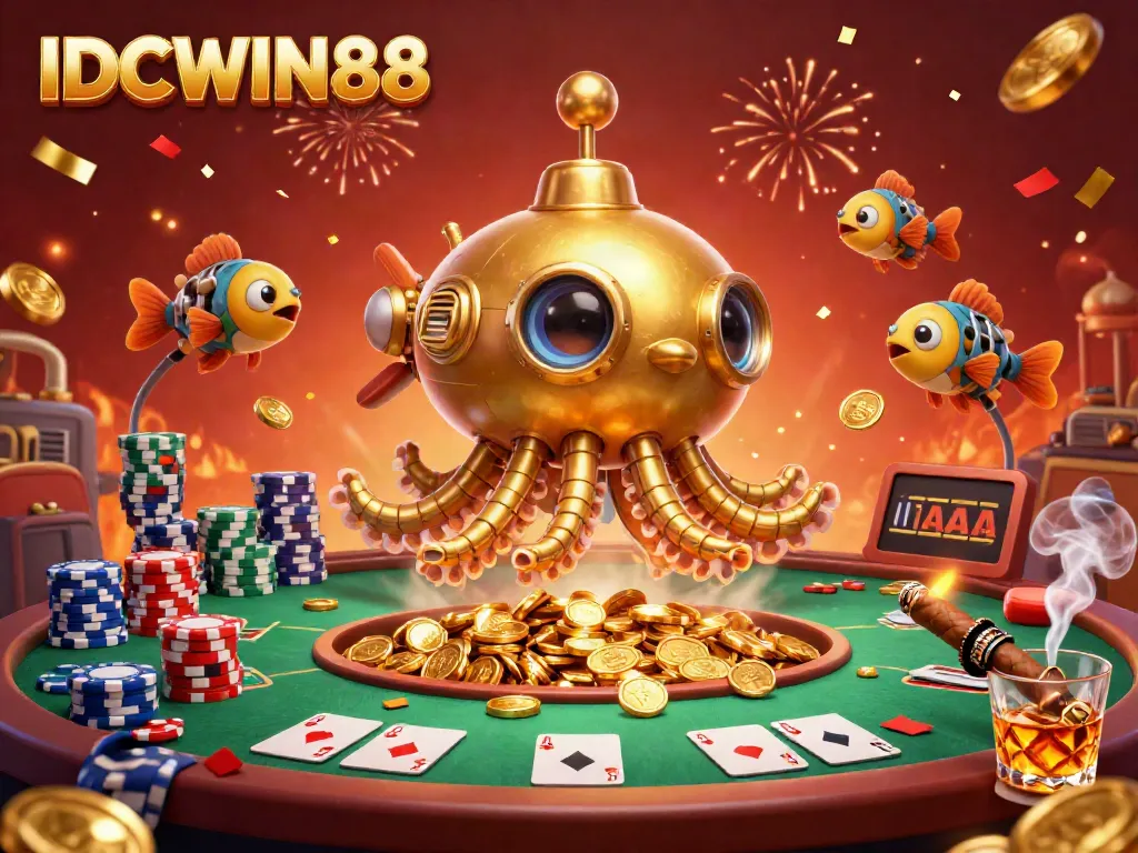 Experience thrilling wins at IDCWIN88 with a dynamic scene of a golden kraken submarine amidst a game of poker.