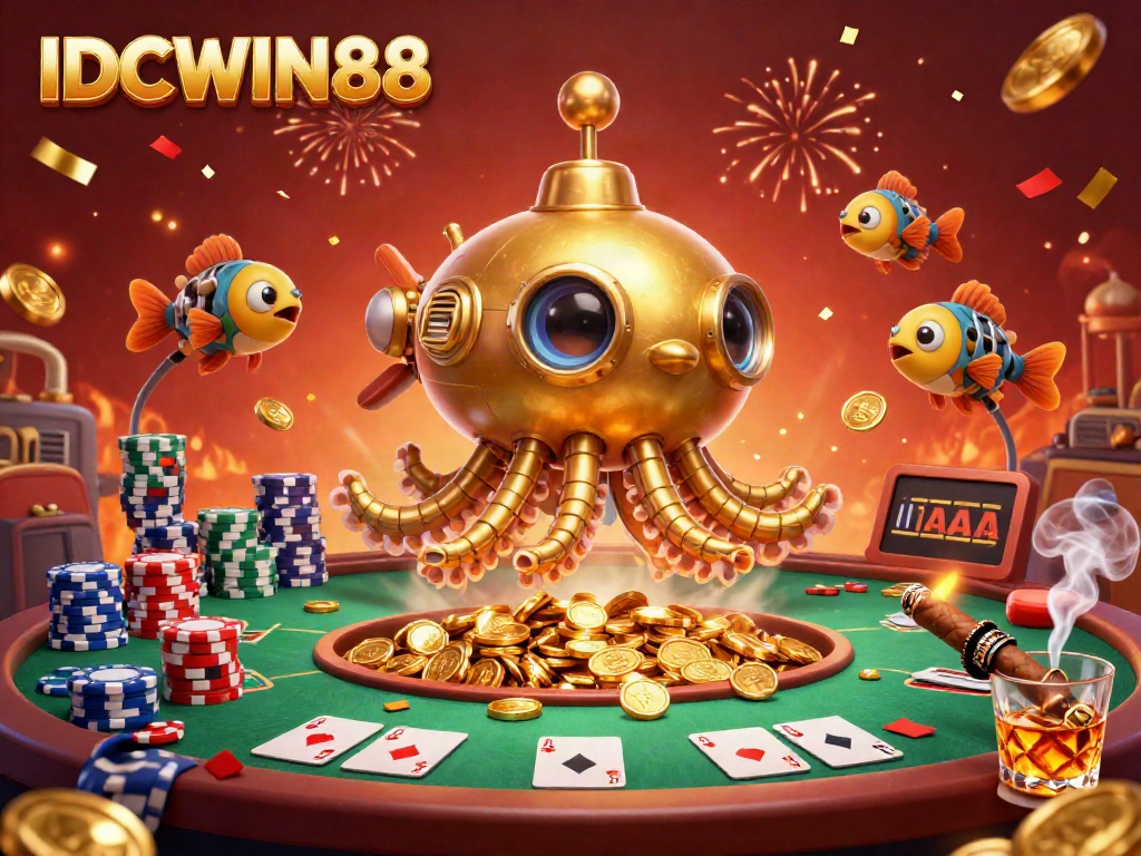 Experience thrilling wins at IDCWIN88 with a dynamic scene of a golden kraken submarine amidst a game of poker.