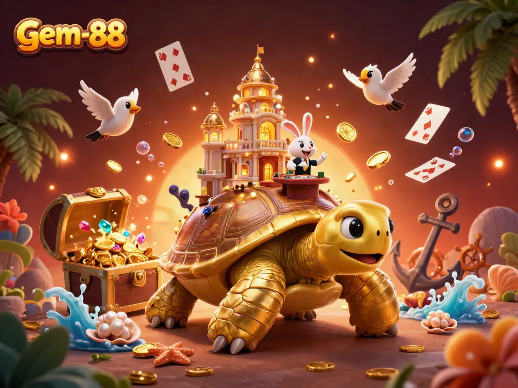 Experience the thrill of gem-88 with a vibrant 3D casino scene featuring a golden tortoise and rabbit dealer.