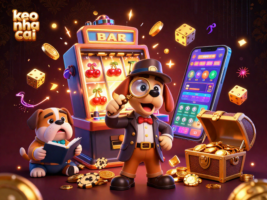 Engage with keo nha cai through a dynamic scene of a detective and bulldog surrounded by casino symbols and treasures.