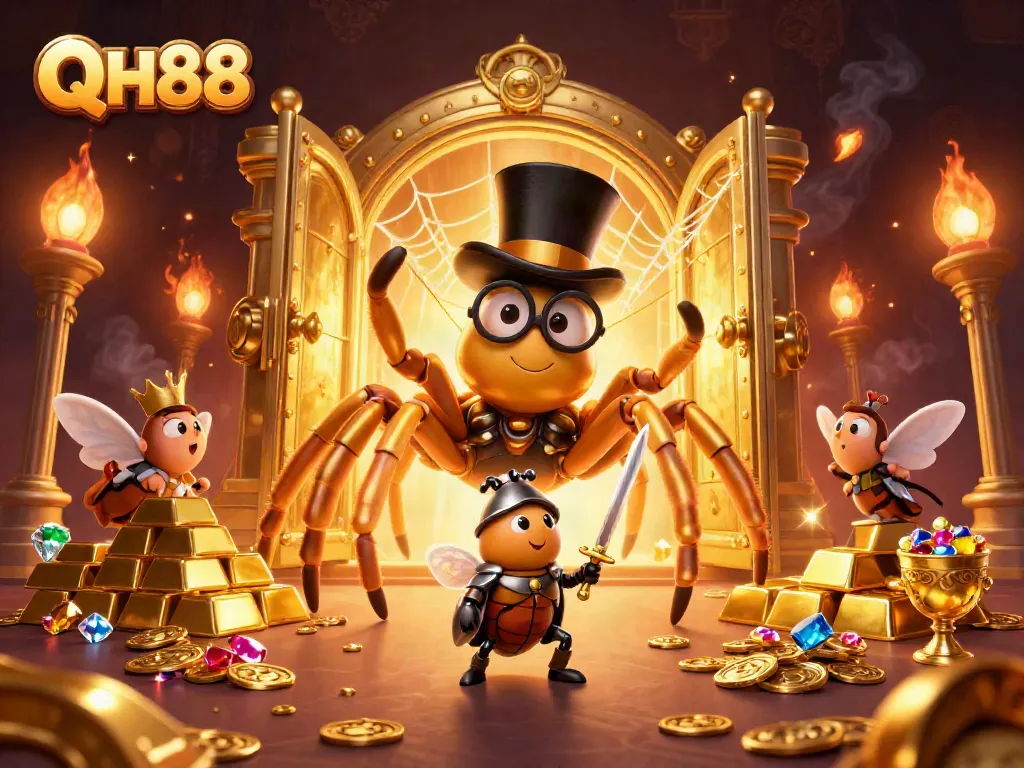 Engage with QH88's thrilling casino adventure featuring a golden tarantula and beetle knight.