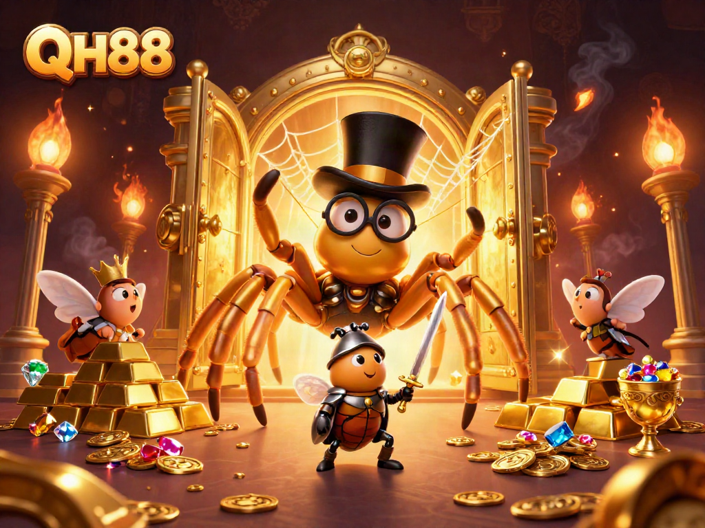 Engage with QH88's thrilling casino adventure featuring a golden tarantula and beetle knight.