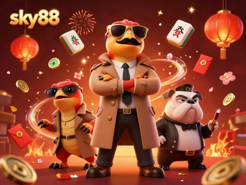 Sky88 raptors in a trench coat amusingly attempting to enter a VIP casino lounge, surrounded by festive gambling elements.