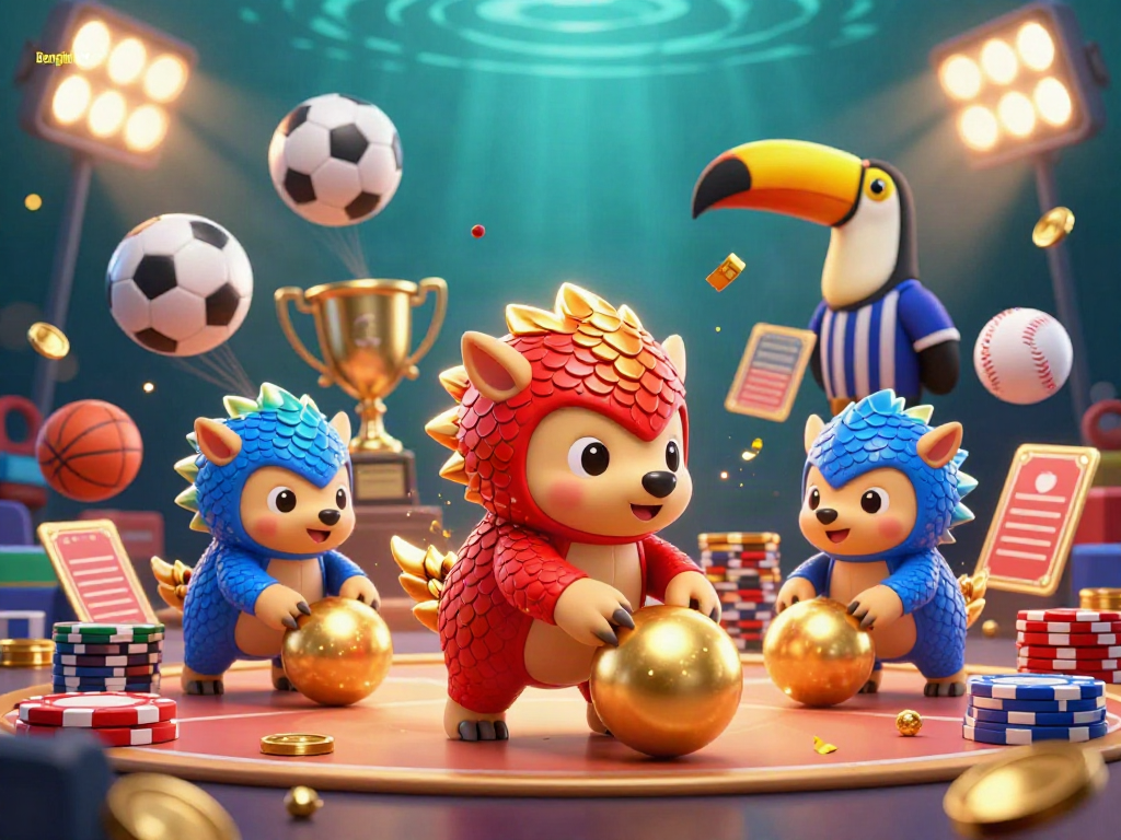 Experience the thrill of Bengkel 69 with rival pangolins bowling through poker chips, dynamic sports elements, and dazzling confetti.