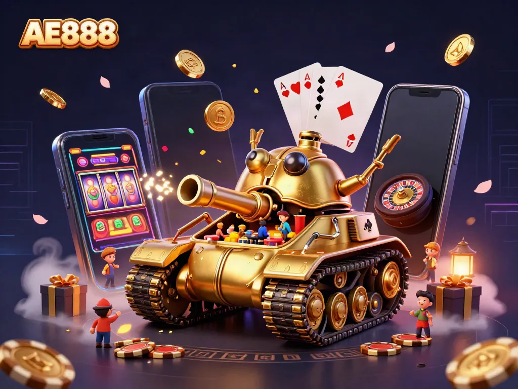 Experience AE888's exhilarating miniature casino within a golden beetle tank, surrounded by vibrant gaming elements.