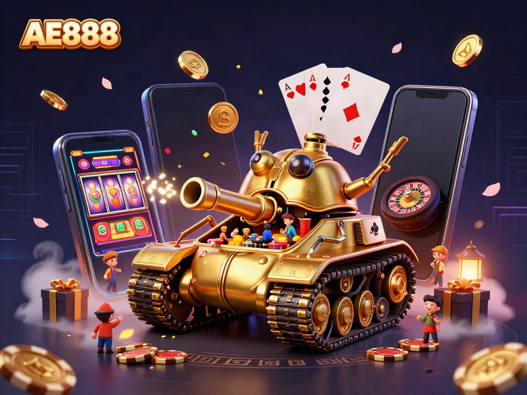 Experience AE888's exhilarating miniature casino within a golden beetle tank, surrounded by vibrant gaming elements.