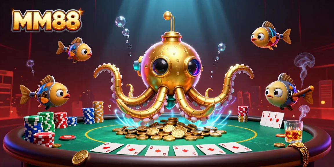 Immerse in MM88's rich casino environment as you explore golden kraken treasures amidst poker excitement.