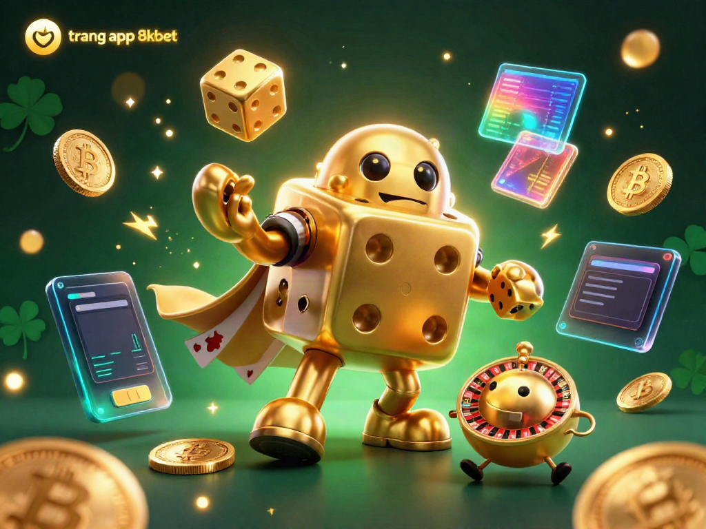 Enjoy high-stakes fun with trang app 8xbet, featuring a whimsical golden dice golem and dynamic gaming elements.