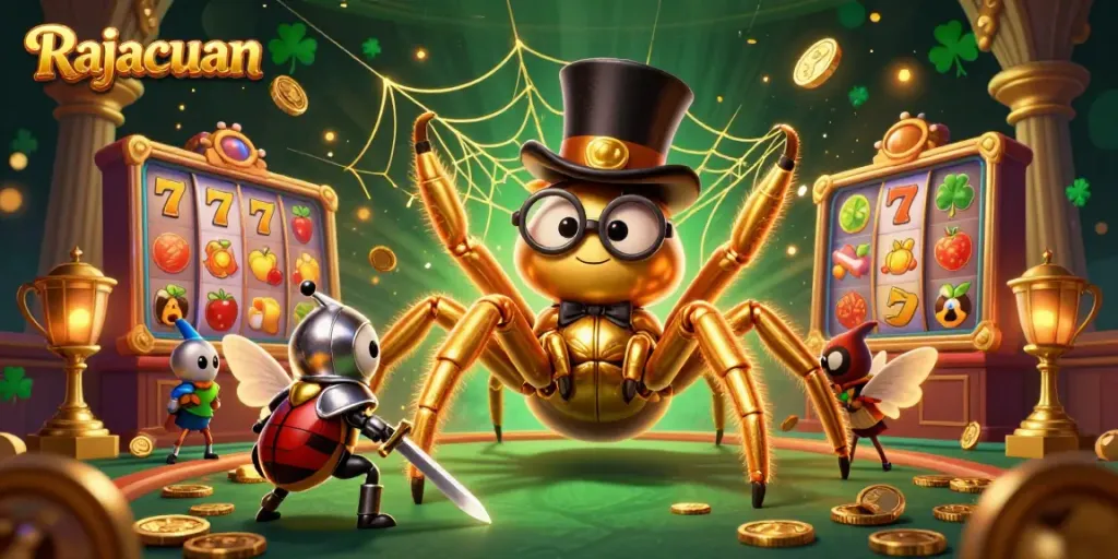 Tarantula dan para penonton menikmati permainan Rajacuan di kasino digital yang meriah.