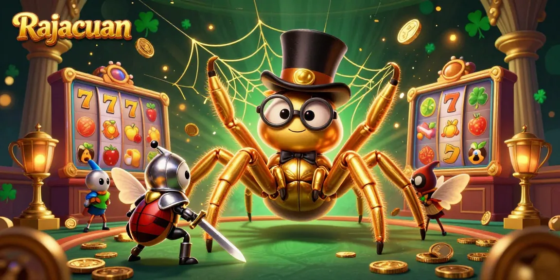 Tarantula dan para penonton menikmati permainan Rajacuan di kasino digital yang meriah.
